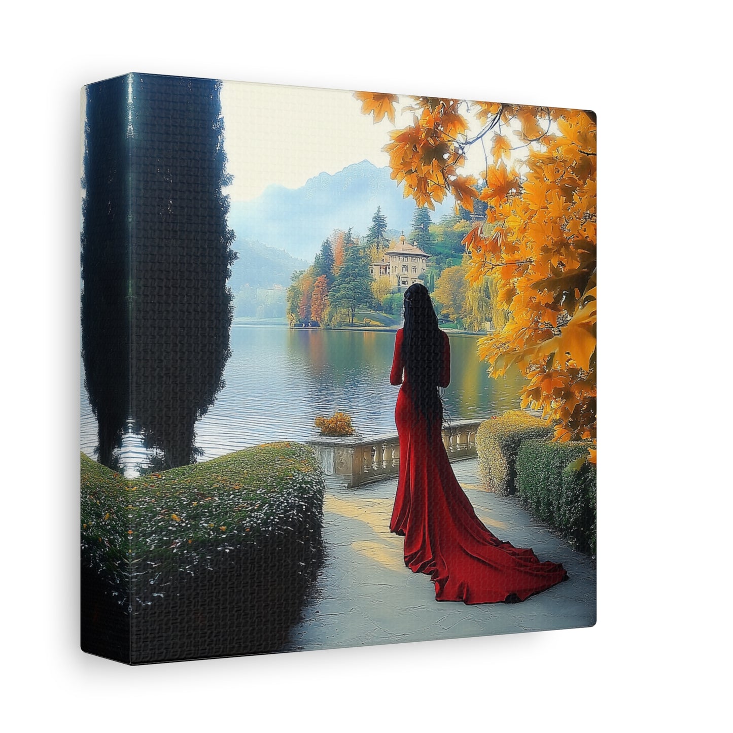 Elegant Matte Canvas: Lady in Red by the Lakeside (Type 2)