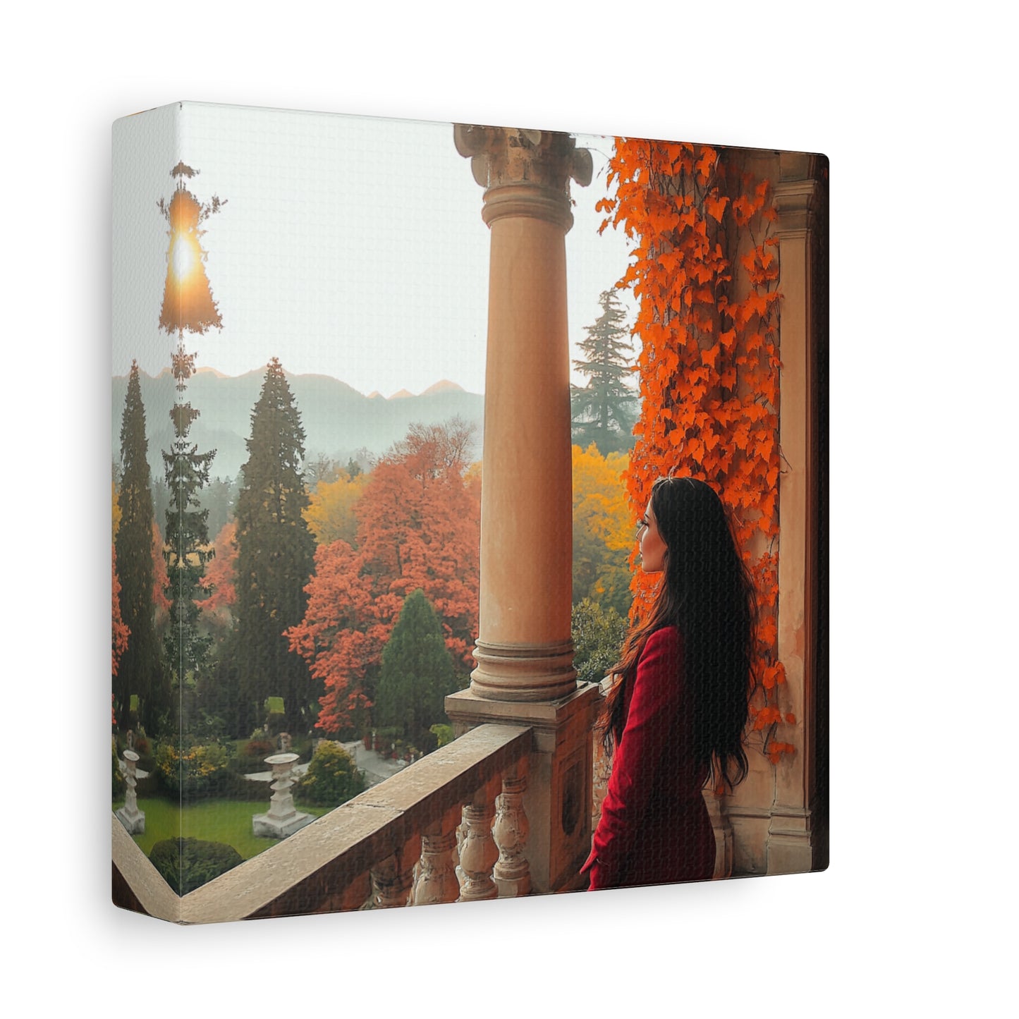 Italy-Inspired Matte Canvas: Lady in Red Overlooking Autumn Bliss