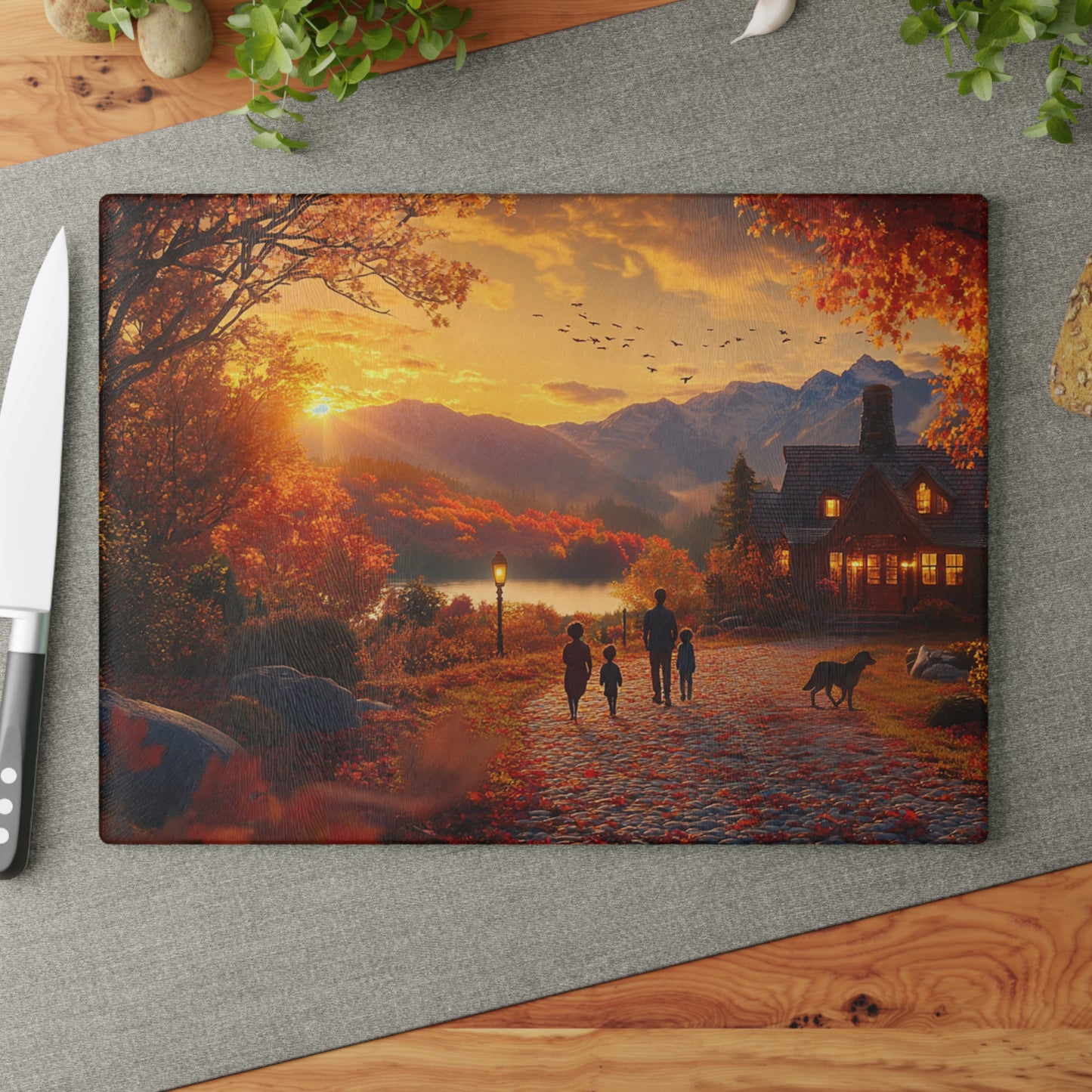 Autumn Evening Stroll: Glass Cutting Board