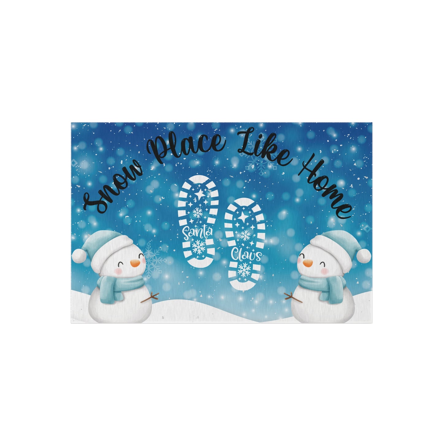 Snow Place Like Home Outdoor Rug  - Festive Winter Patio Mat with Santa's Footprints and Snowman Design