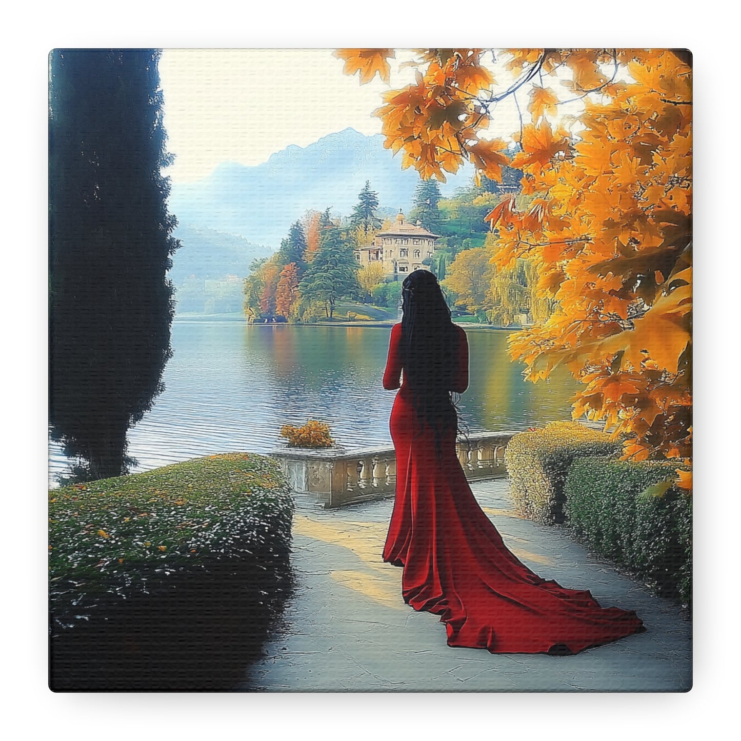 Elegant Matte Canvas: Lady in Red by the Lakeside (Type 2)