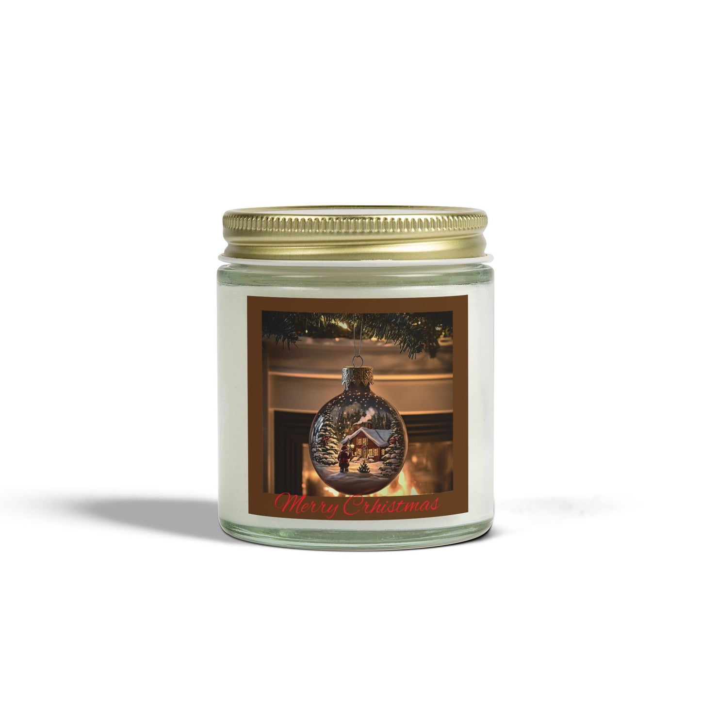 Holiday Candle with Cozy Fireplace Scene | Coconut Apricot Wax, Winter Snowy Cabin Reflection | Christmas Gift