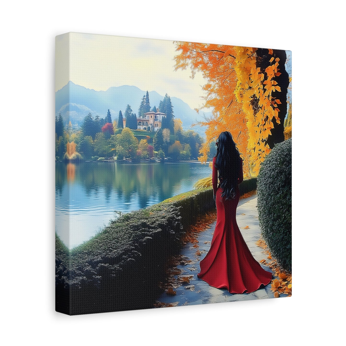 Elegant Matte Canvas: Lady in Red by the Lakeside