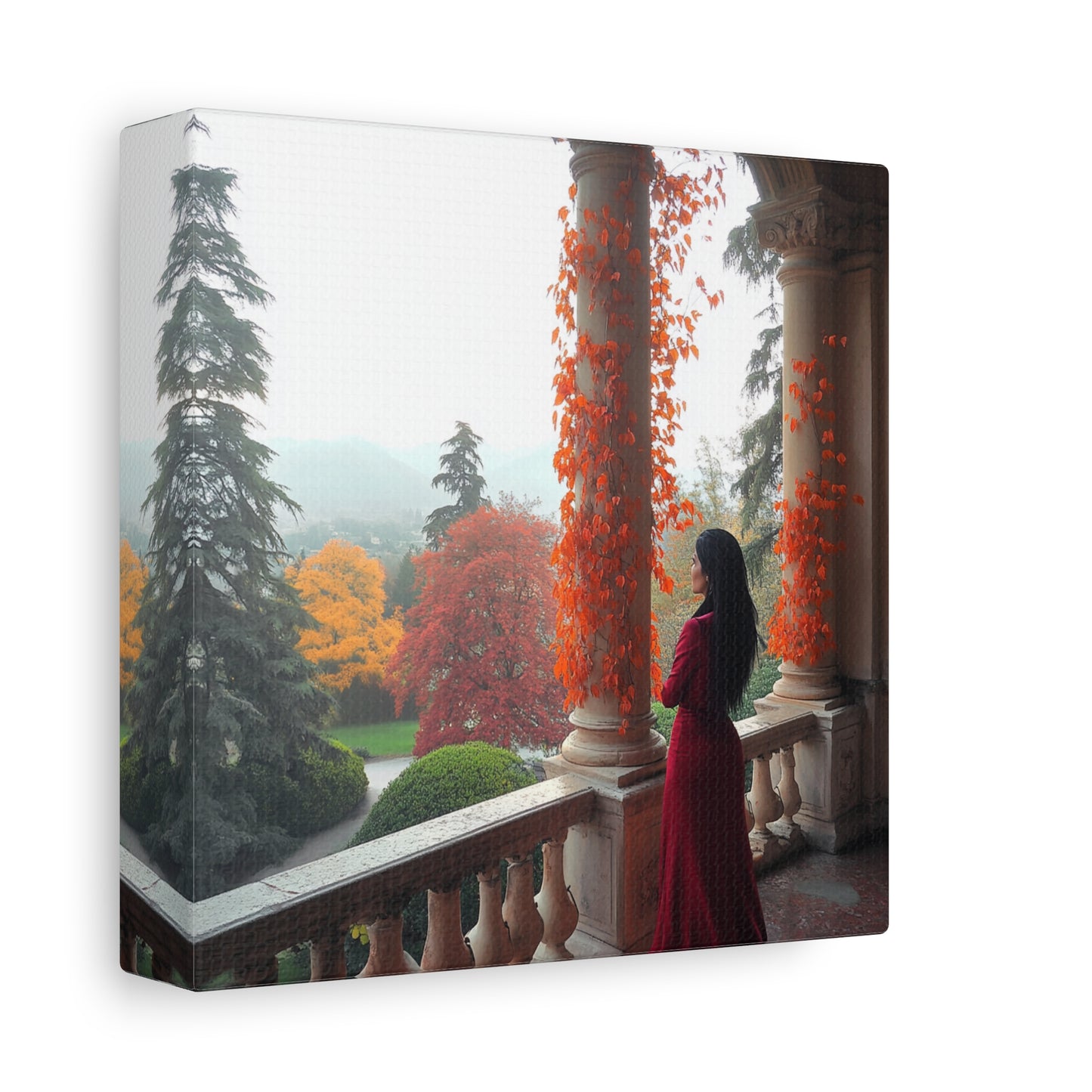 Italy-Inspired Matte Canvas: Lady in Red Overlooking Autumn Bliss (Image 2)