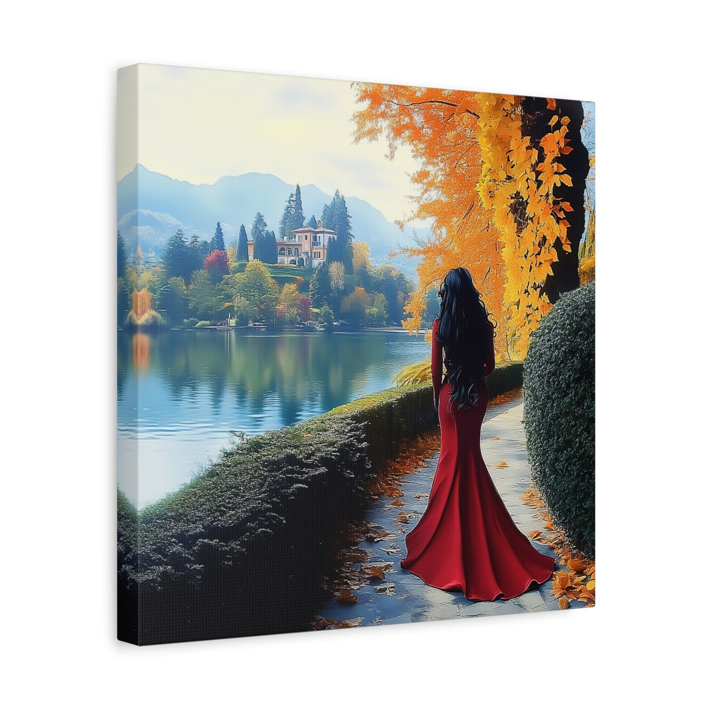 Elegant Matte Canvas: Lady in Red by the Lakeside