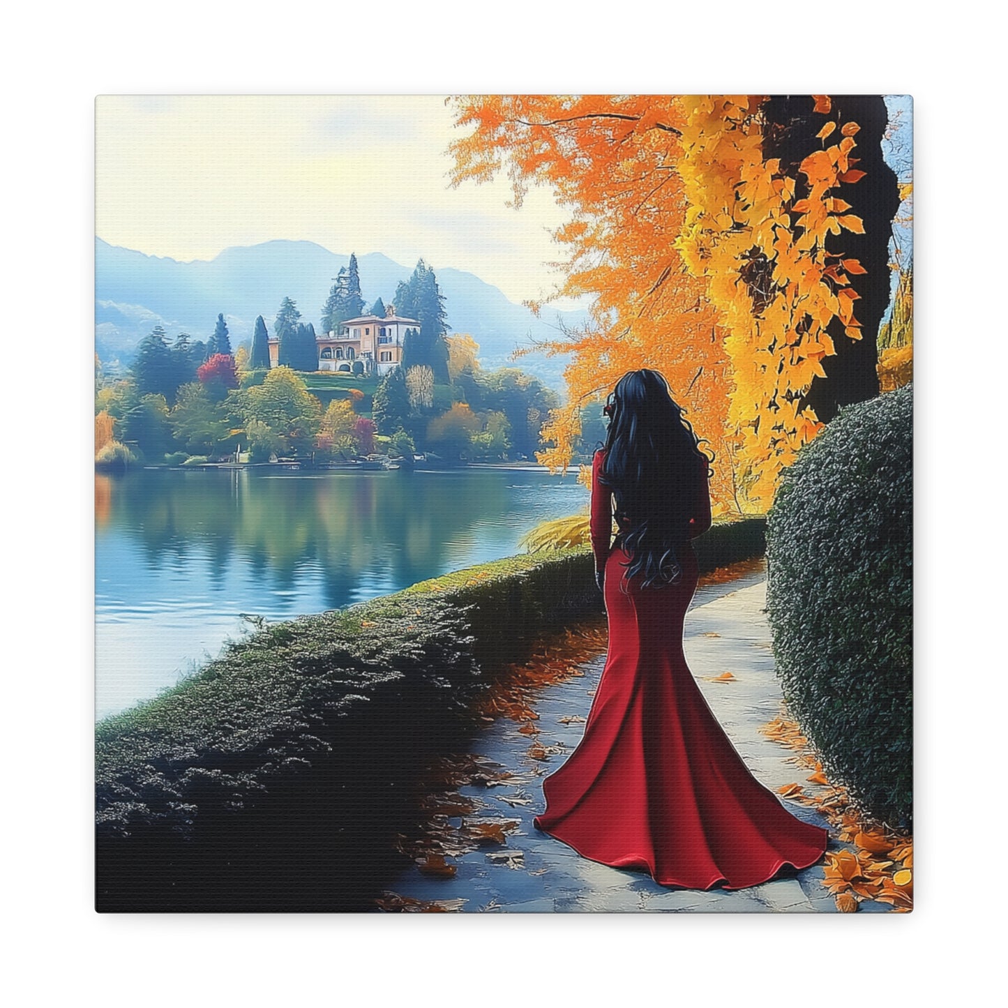 Elegant Matte Canvas: Lady in Red by the Lakeside