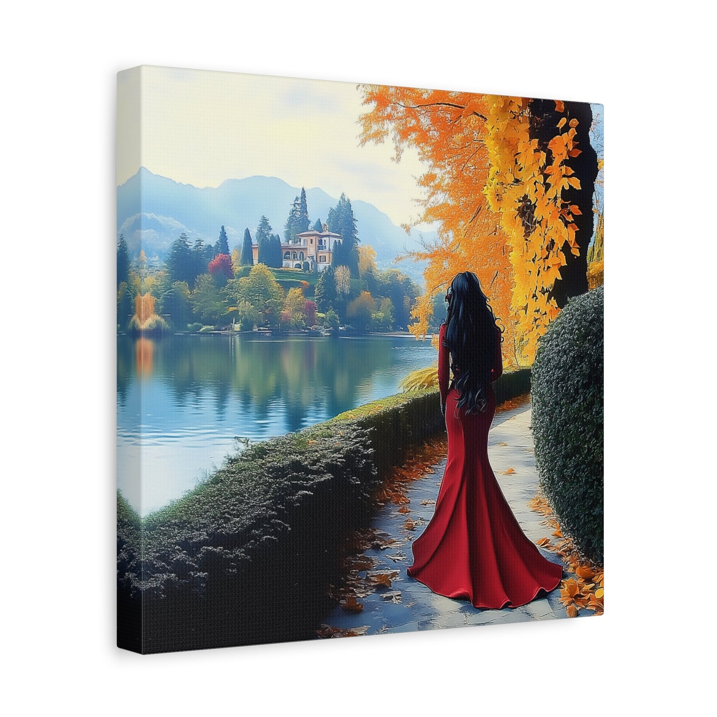 Elegant Matte Canvas: Lady in Red by the Lakeside