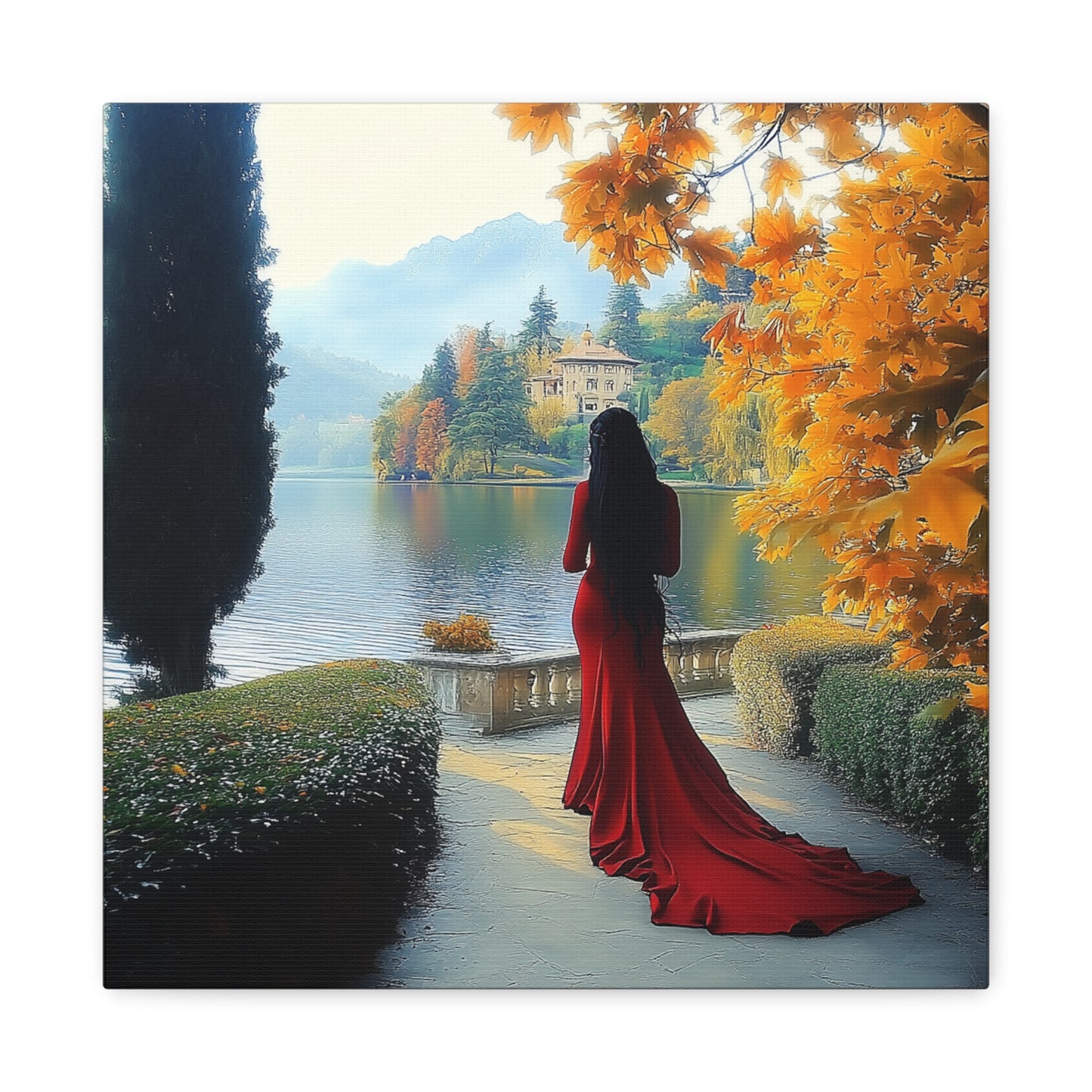 Elegant Matte Canvas: Lady in Red by the Lakeside (Type 2)