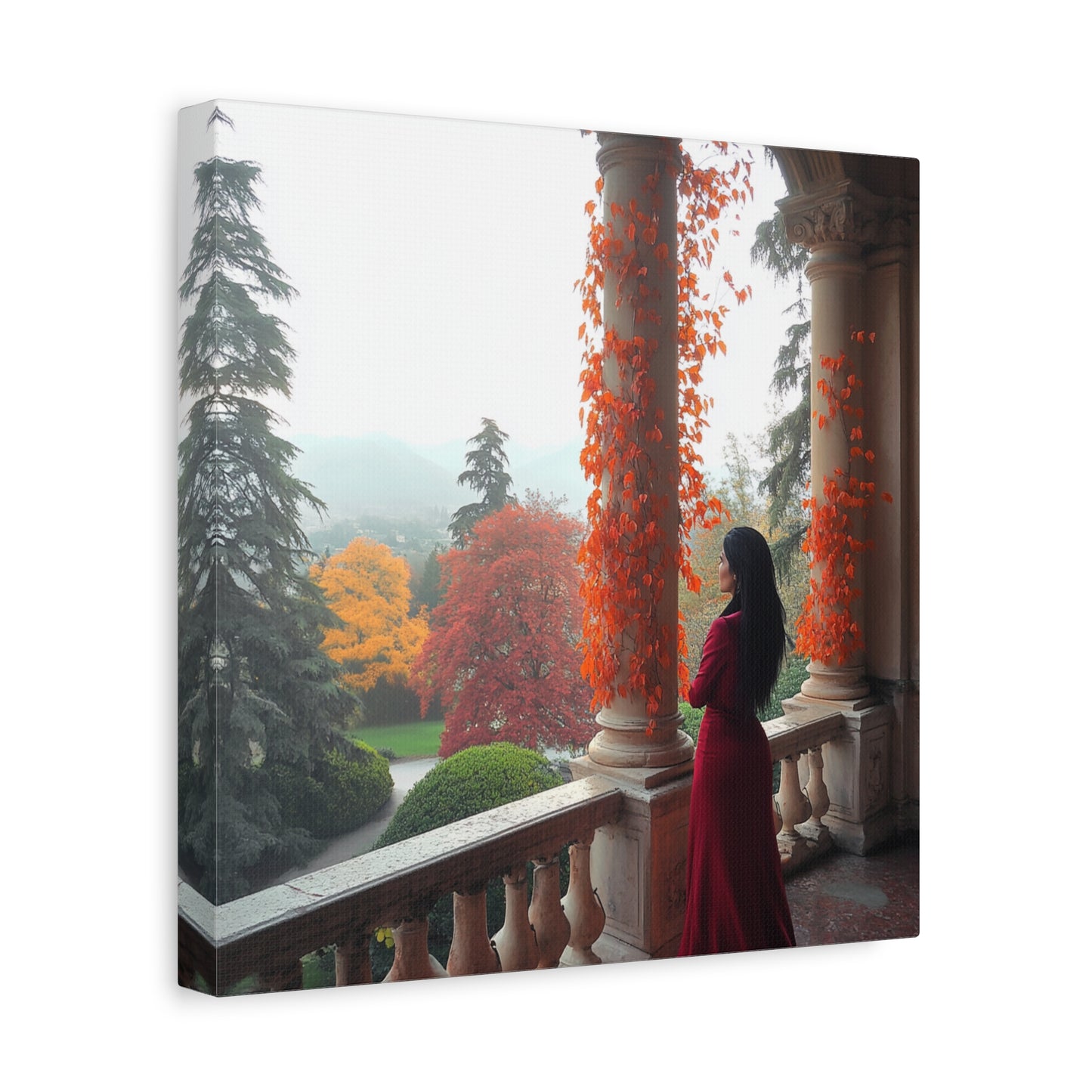 Italy-Inspired Matte Canvas: Lady in Red Overlooking Autumn Bliss (Image 2)