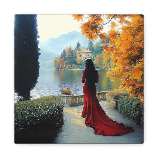 Elegant Matte Canvas: Lady in Red by the Lakeside (Type 2)