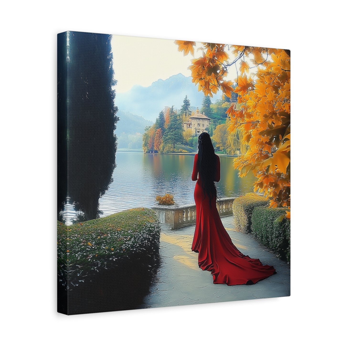 Elegant Matte Canvas: Lady in Red by the Lakeside (Type 2)