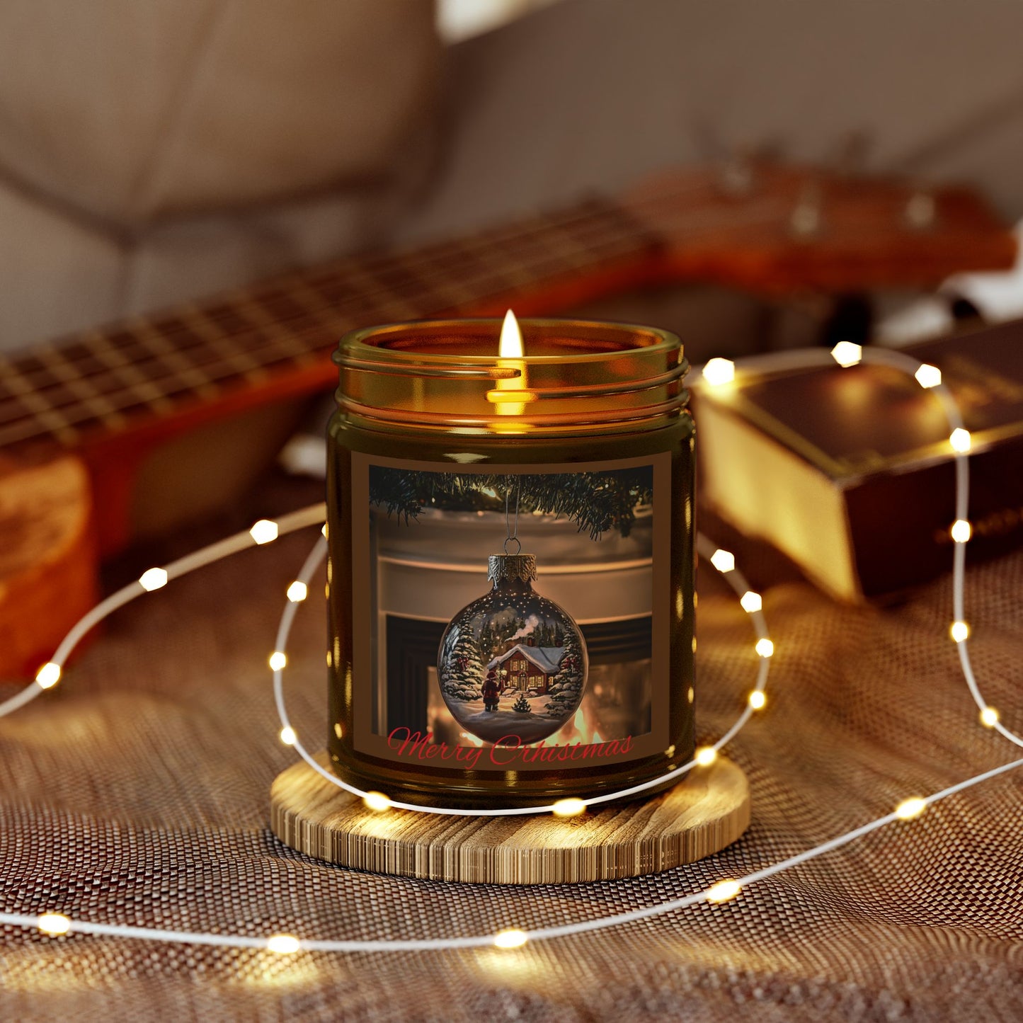 Holiday Candle with Cozy Fireplace Scene | Coconut Apricot Wax, Winter Snowy Cabin Reflection | Christmas Gift