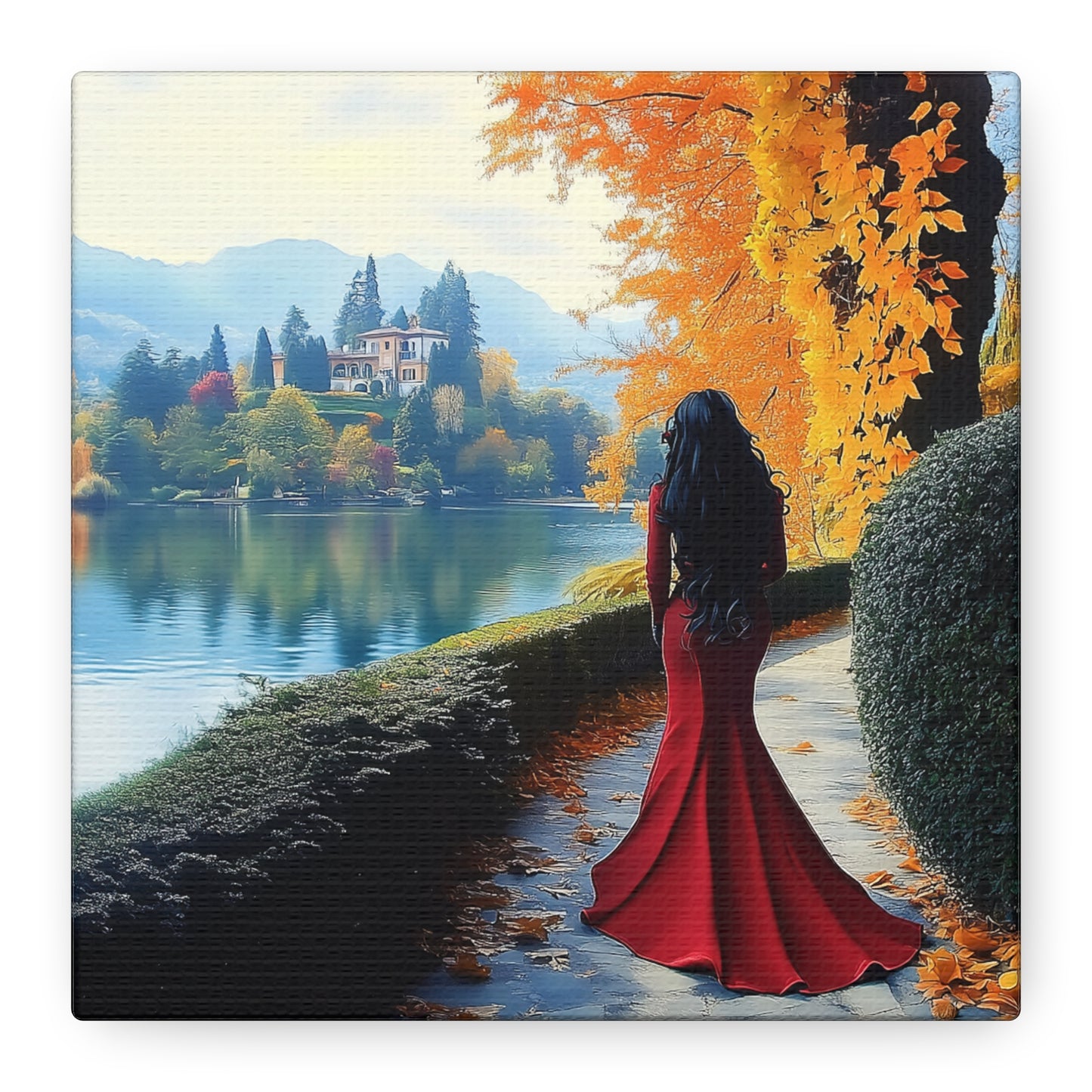 Elegant Matte Canvas: Lady in Red by the Lakeside