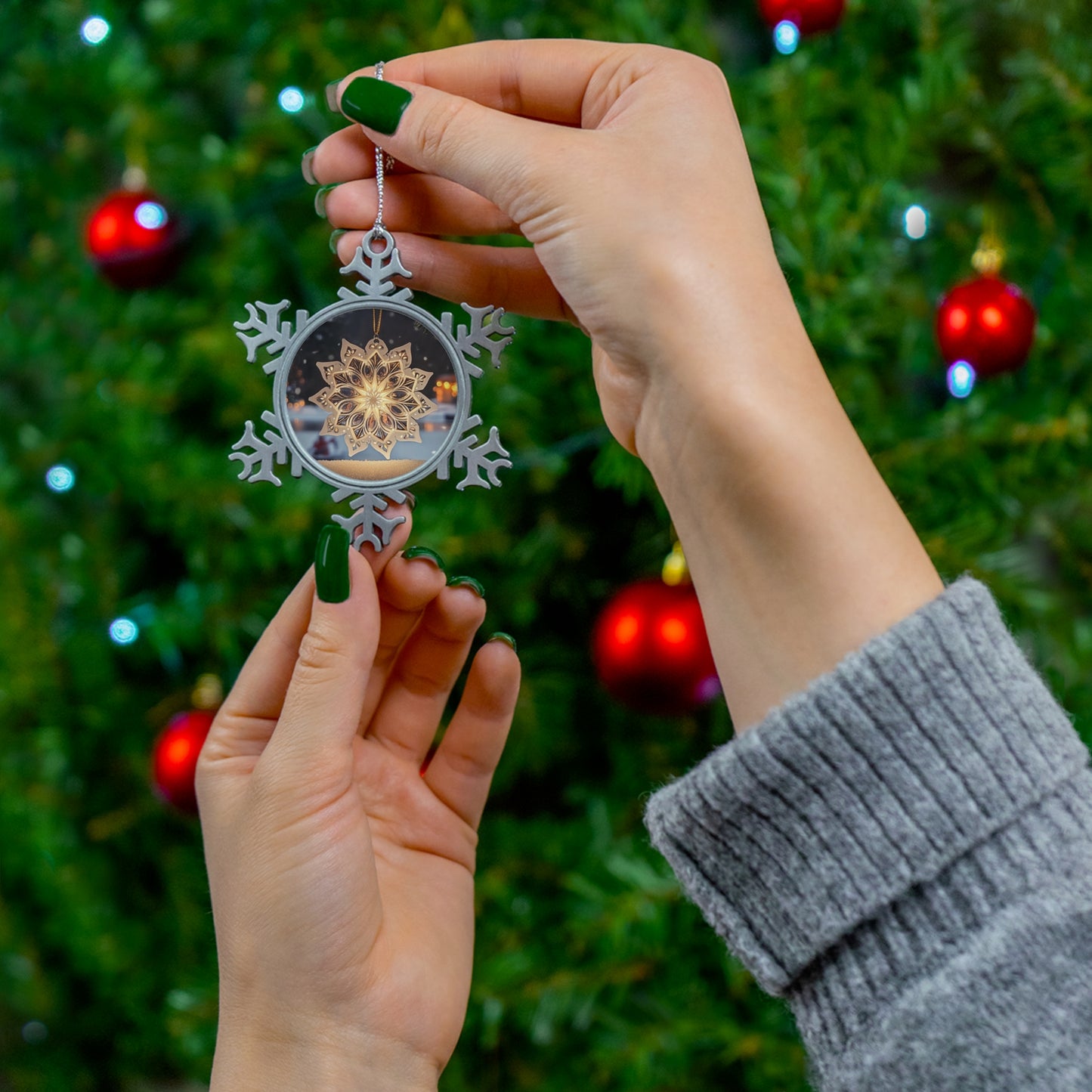 Pewter Snowflake Ornament - Snowflake and Christmas light