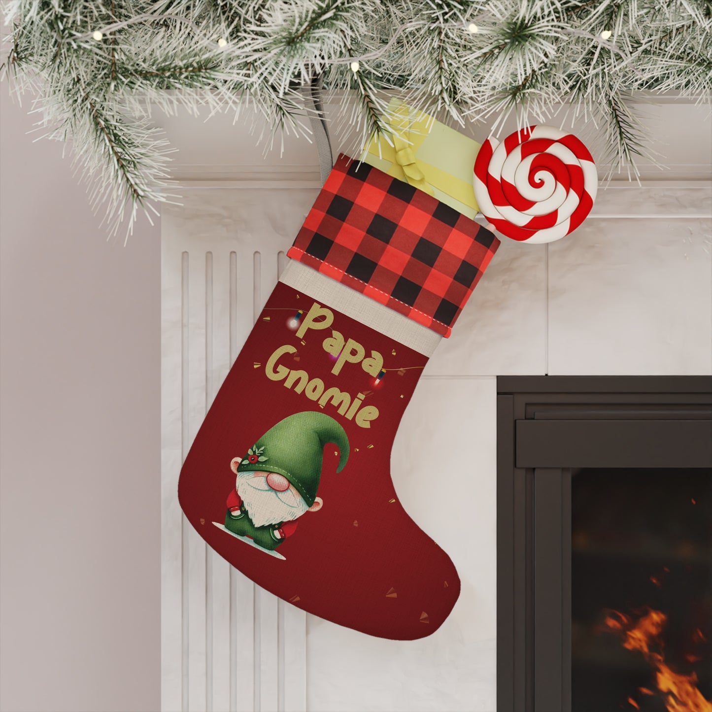 Papa Gnomie Christmas Stocking - Personalized Holiday Gnome Stocking with Red Plaid Design - Festive Christmas Decor for Dad