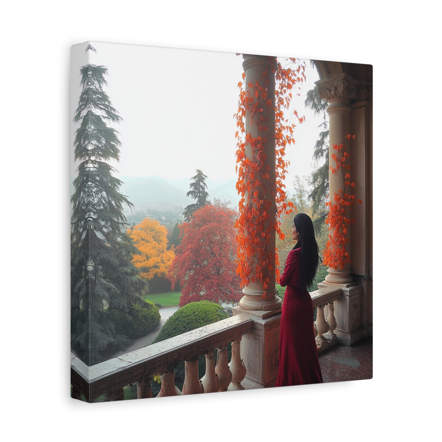 Italy-Inspired Matte Canvas: Lady in Red Overlooking Autumn Bliss (Image 2)