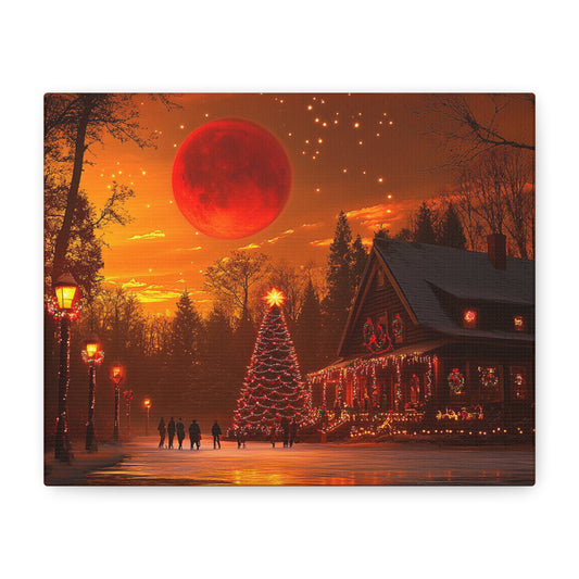 Christmas Moonlit Cottage Matte Canvas -Festive Red Moon Scene with Holiday Lights and Decor