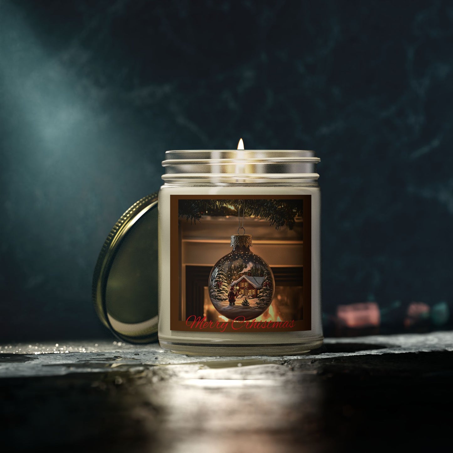 Holiday Candle with Cozy Fireplace Scene | Coconut Apricot Wax, Winter Snowy Cabin Reflection | Christmas Gift