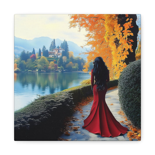 Elegant Matte Canvas: Lady in Red by the Lakeside