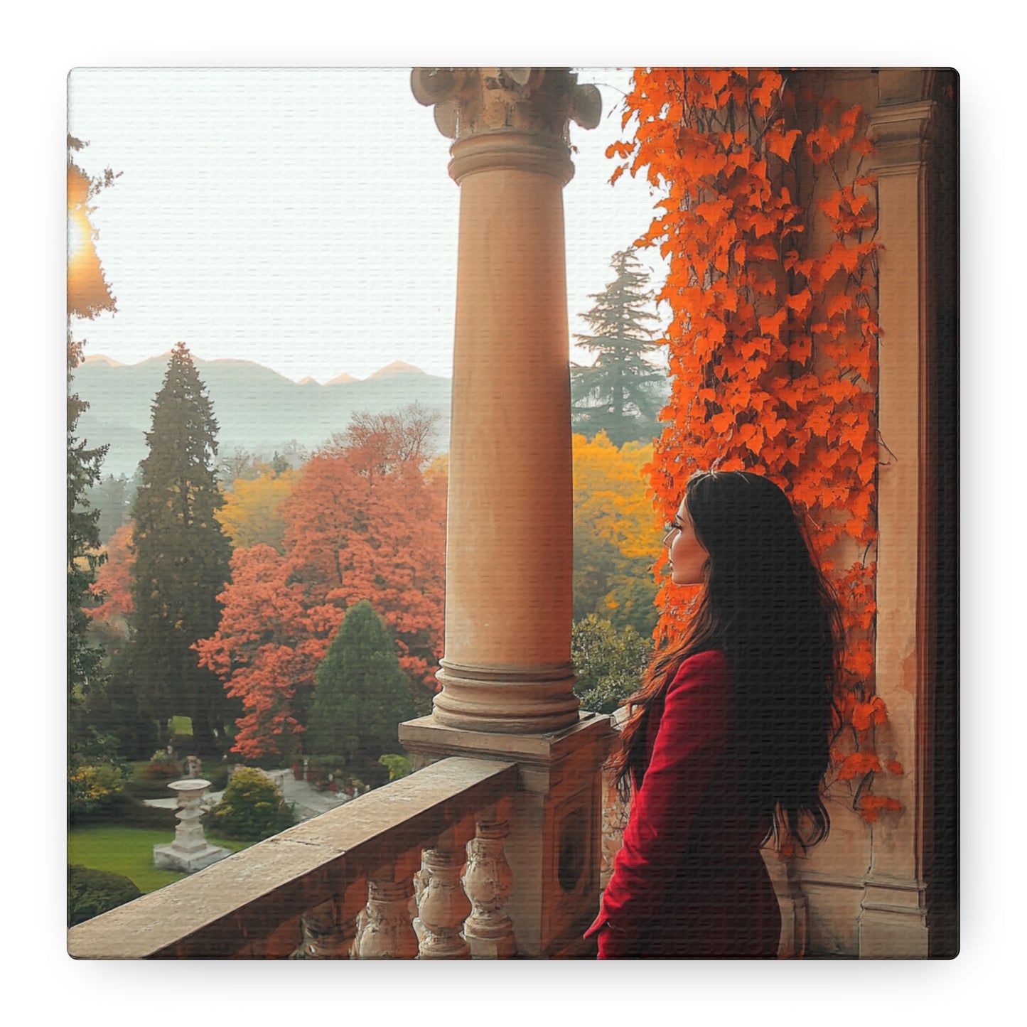 Italy-Inspired Matte Canvas: Lady in Red Overlooking Autumn Bliss