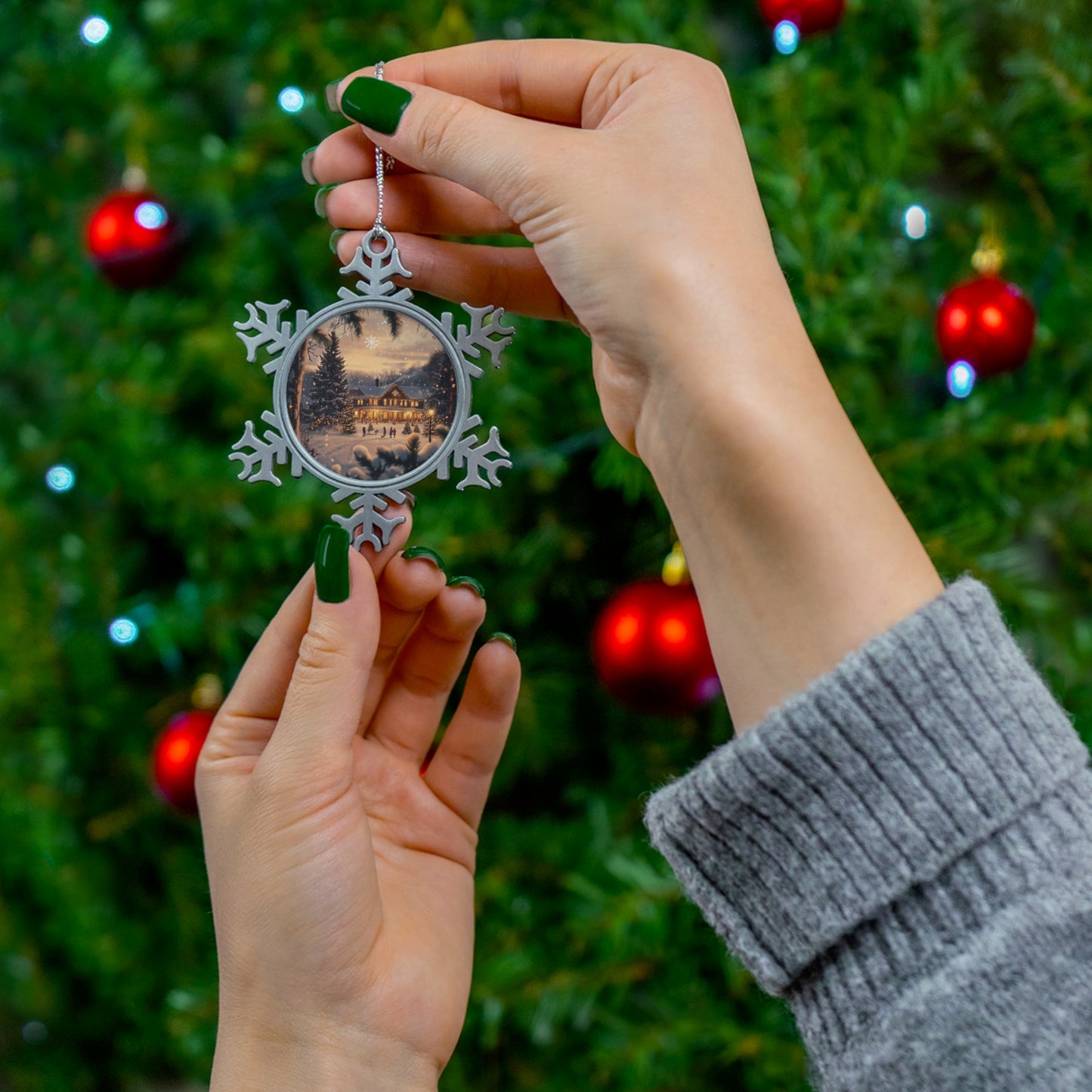 Festive Christmas Scene - Pewter Snowflake Ornament