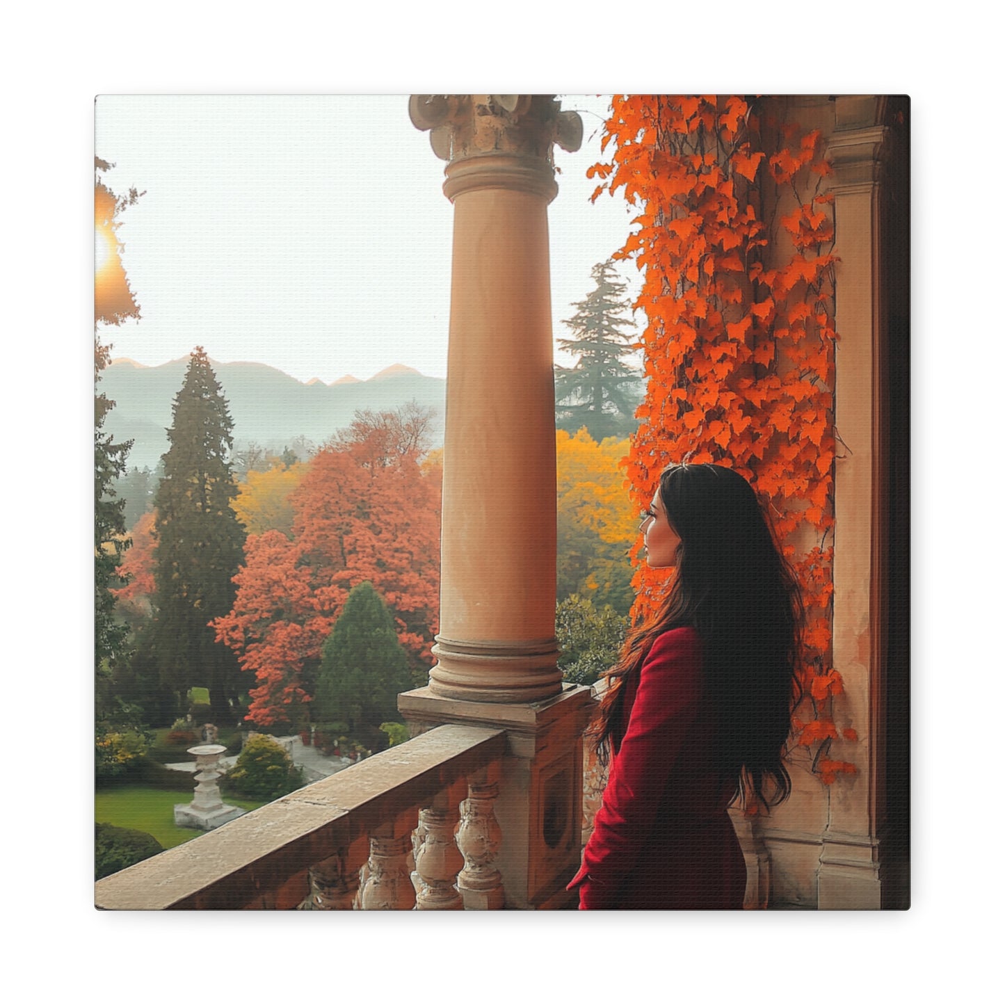 Italy-Inspired Matte Canvas: Lady in Red Overlooking Autumn Bliss