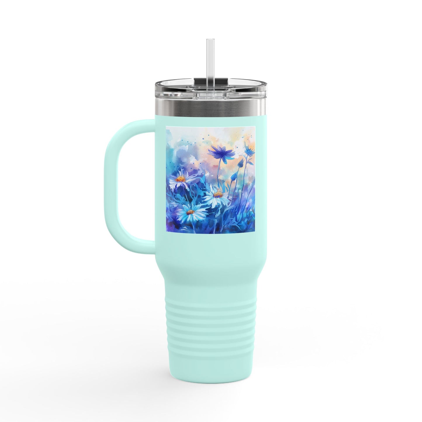 Insulated Travel Mug, Watercolor Poppies and Flowers Design