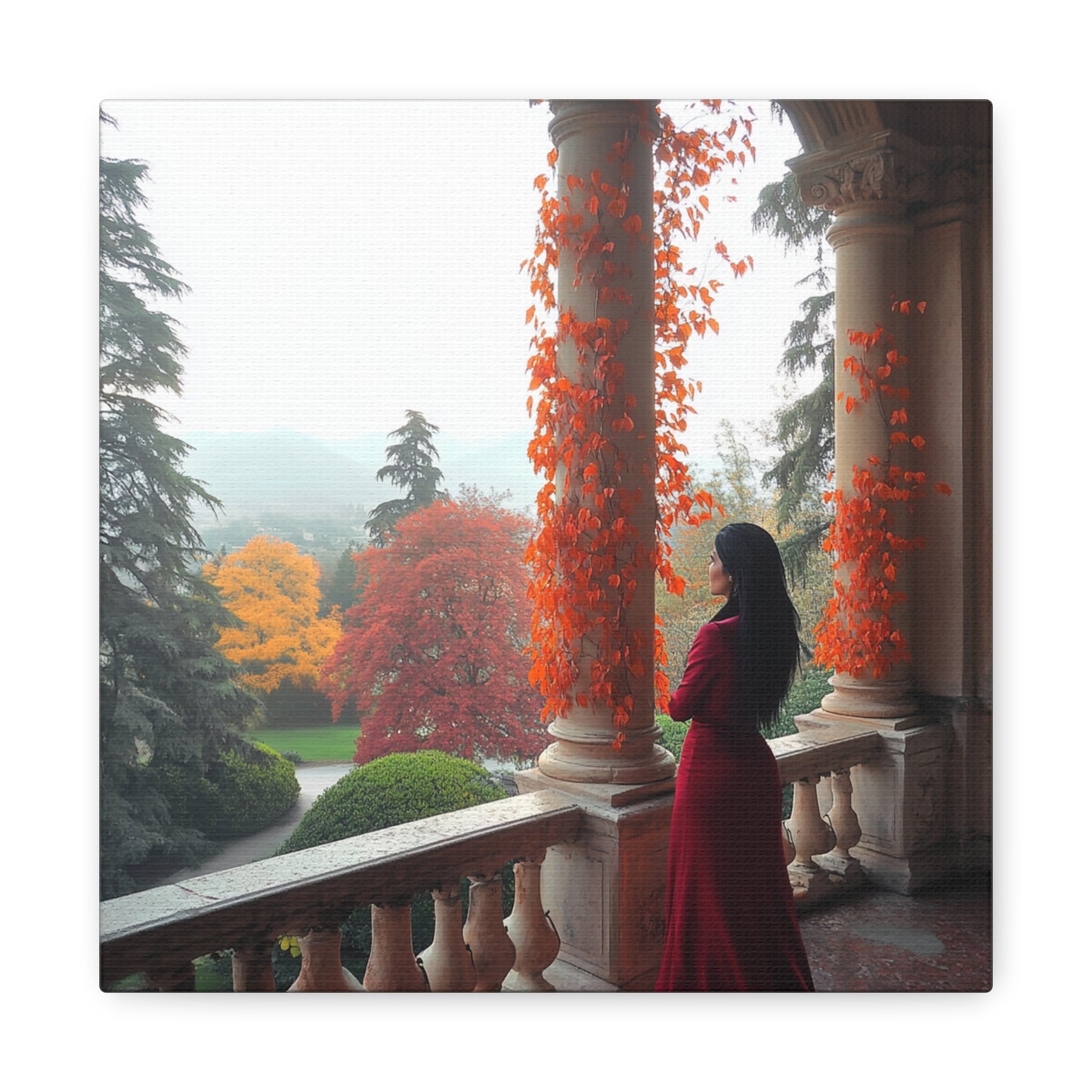 Italy-Inspired Matte Canvas: Lady in Red Overlooking Autumn Bliss (Image 2)