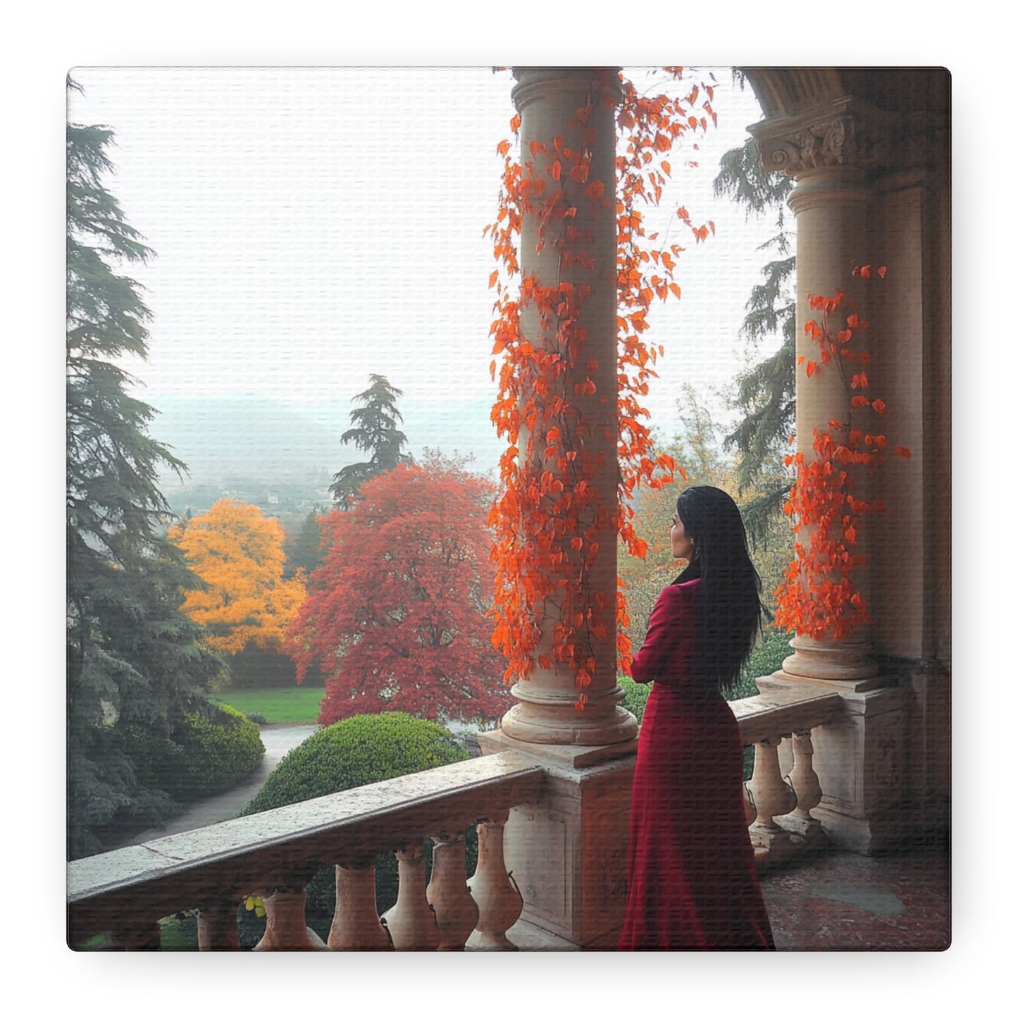 Italy-Inspired Matte Canvas: Lady in Red Overlooking Autumn Bliss (Image 2)