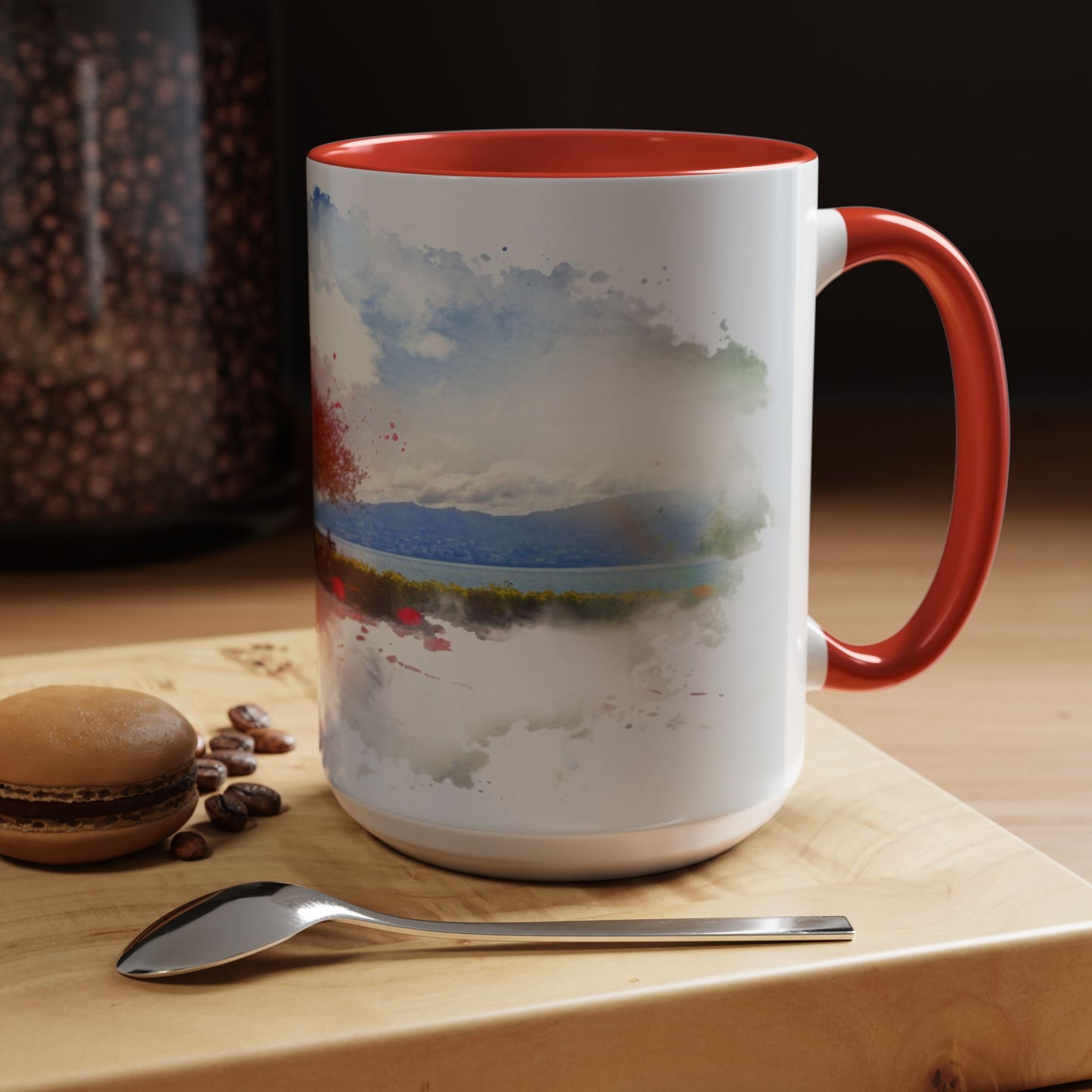 Lakeside Elegance Mug: Watercolor Scenic Design