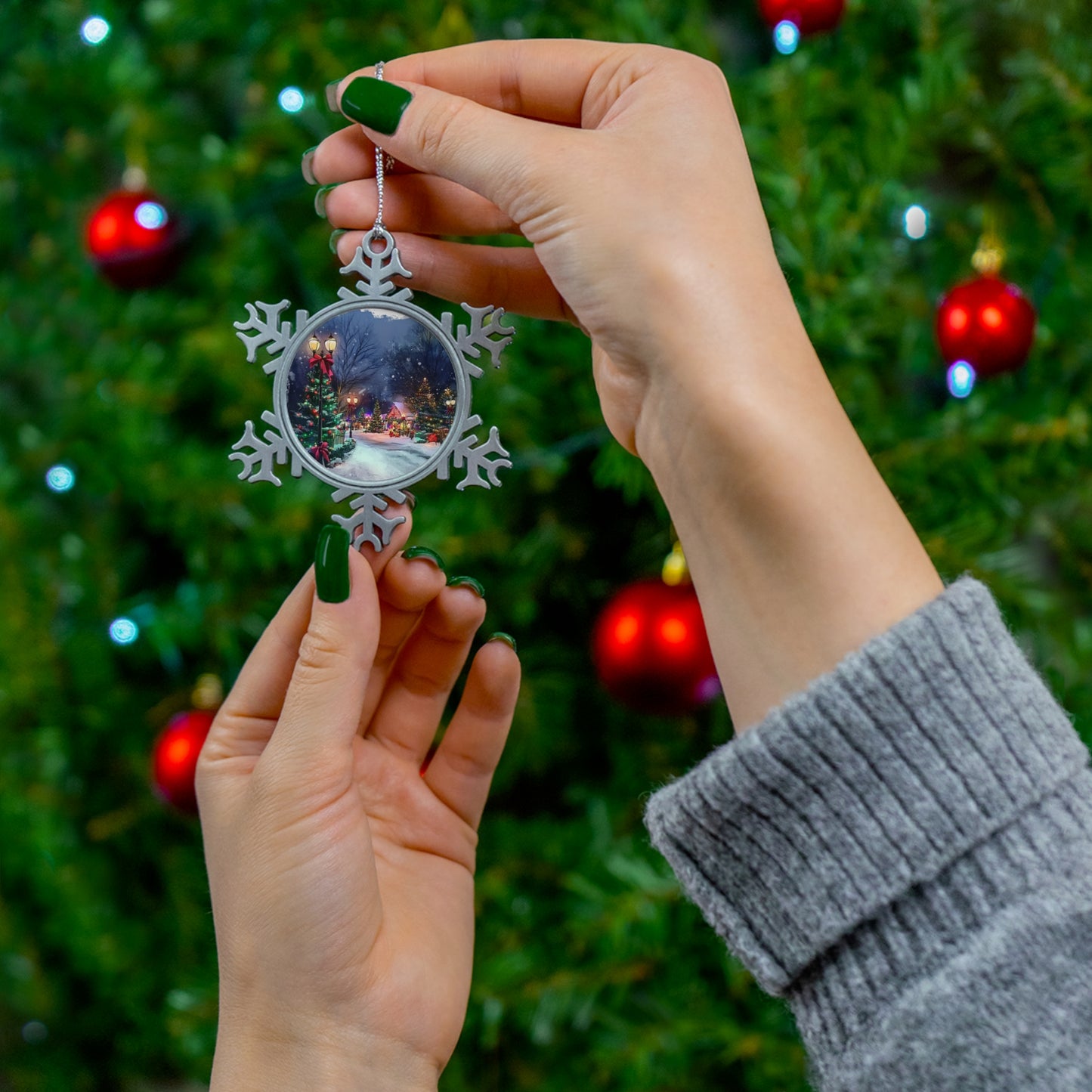 Pewter Snowflake Ornament - Watercolor Christmas Art