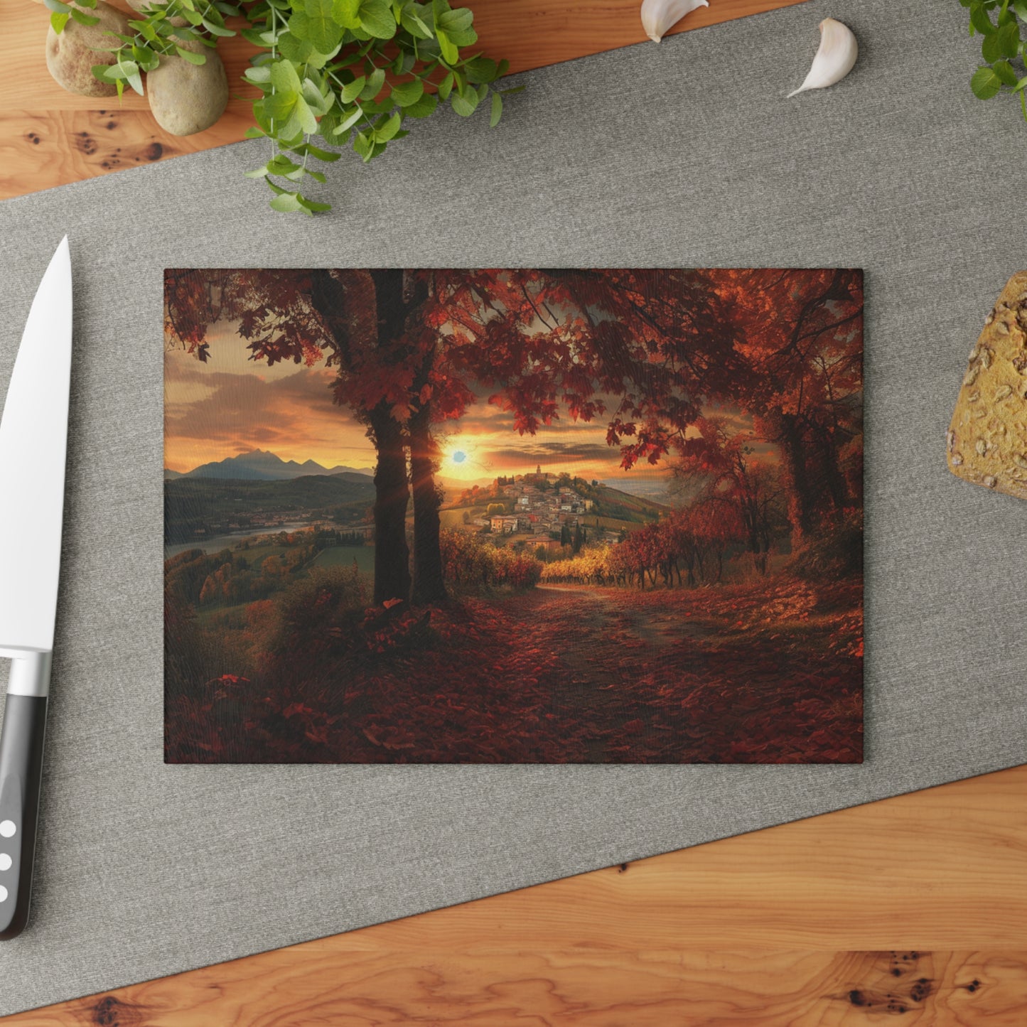 Glass Cutting Board: Sunlit Italian Hills