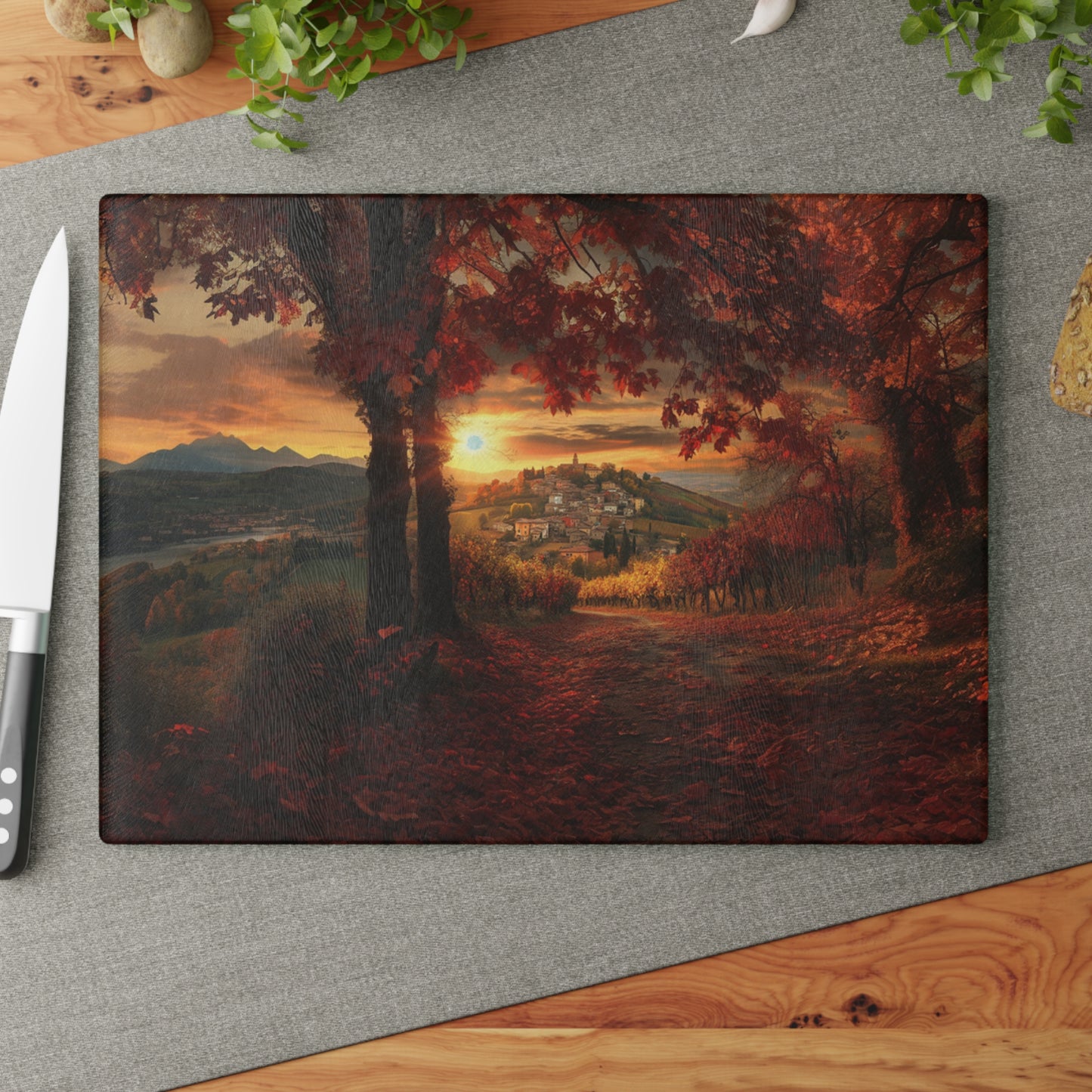 Glass Cutting Board: Sunlit Italian Hills