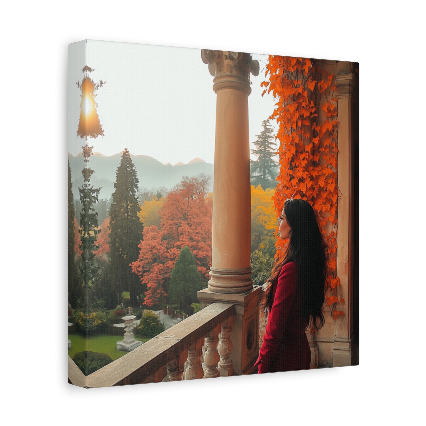 Italy-Inspired Matte Canvas: Lady in Red Overlooking Autumn Bliss