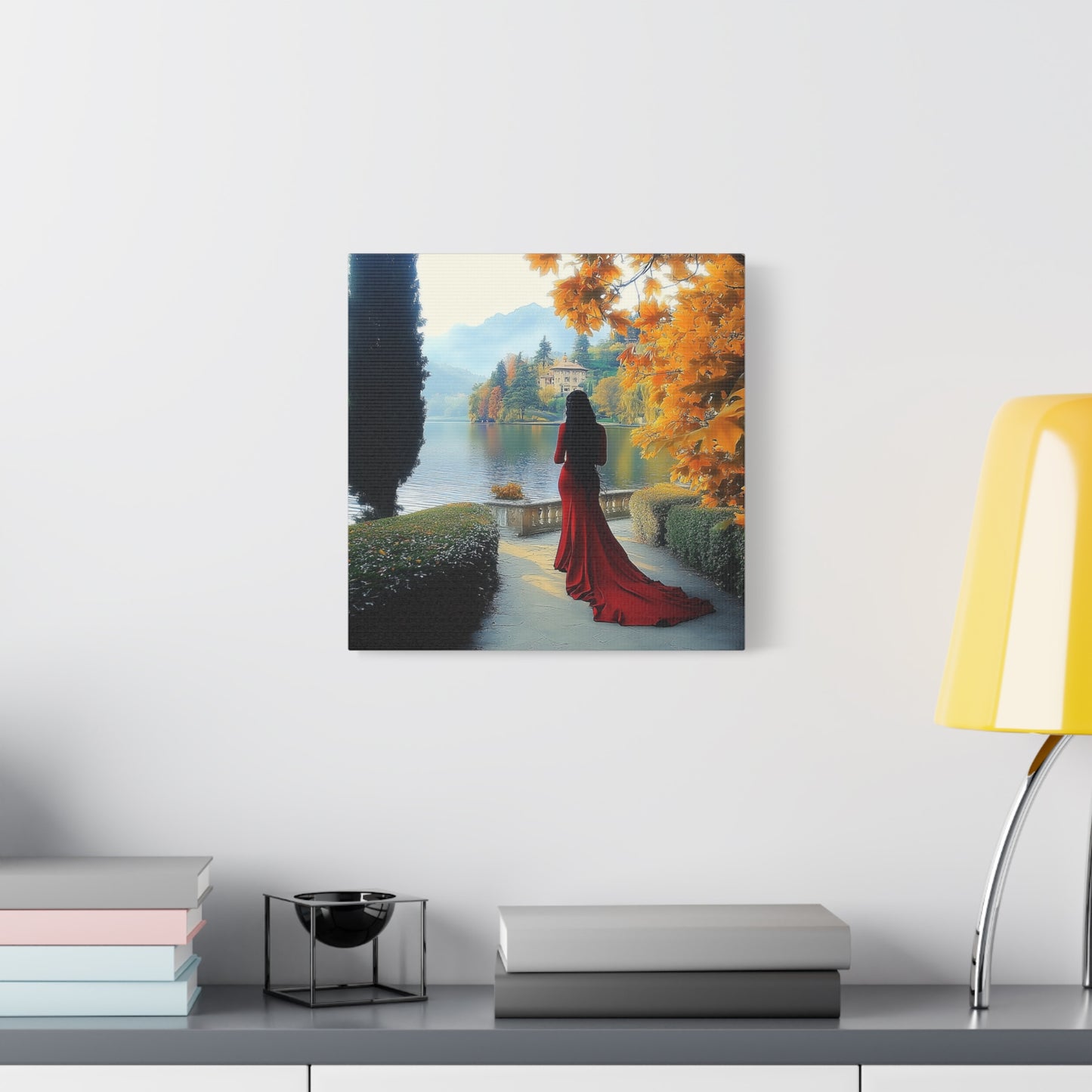 Elegant Matte Canvas: Lady in Red by the Lakeside (Type 2)