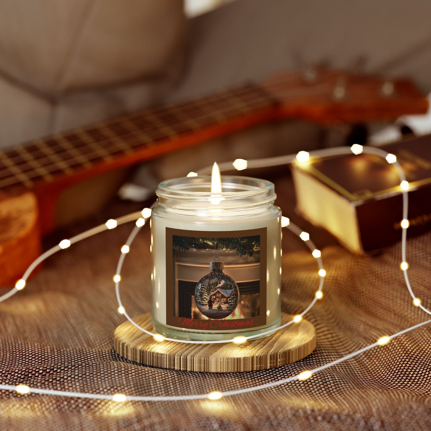 Holiday Candle with Cozy Fireplace Scene | Coconut Apricot Wax, Winter Snowy Cabin Reflection | Christmas Gift