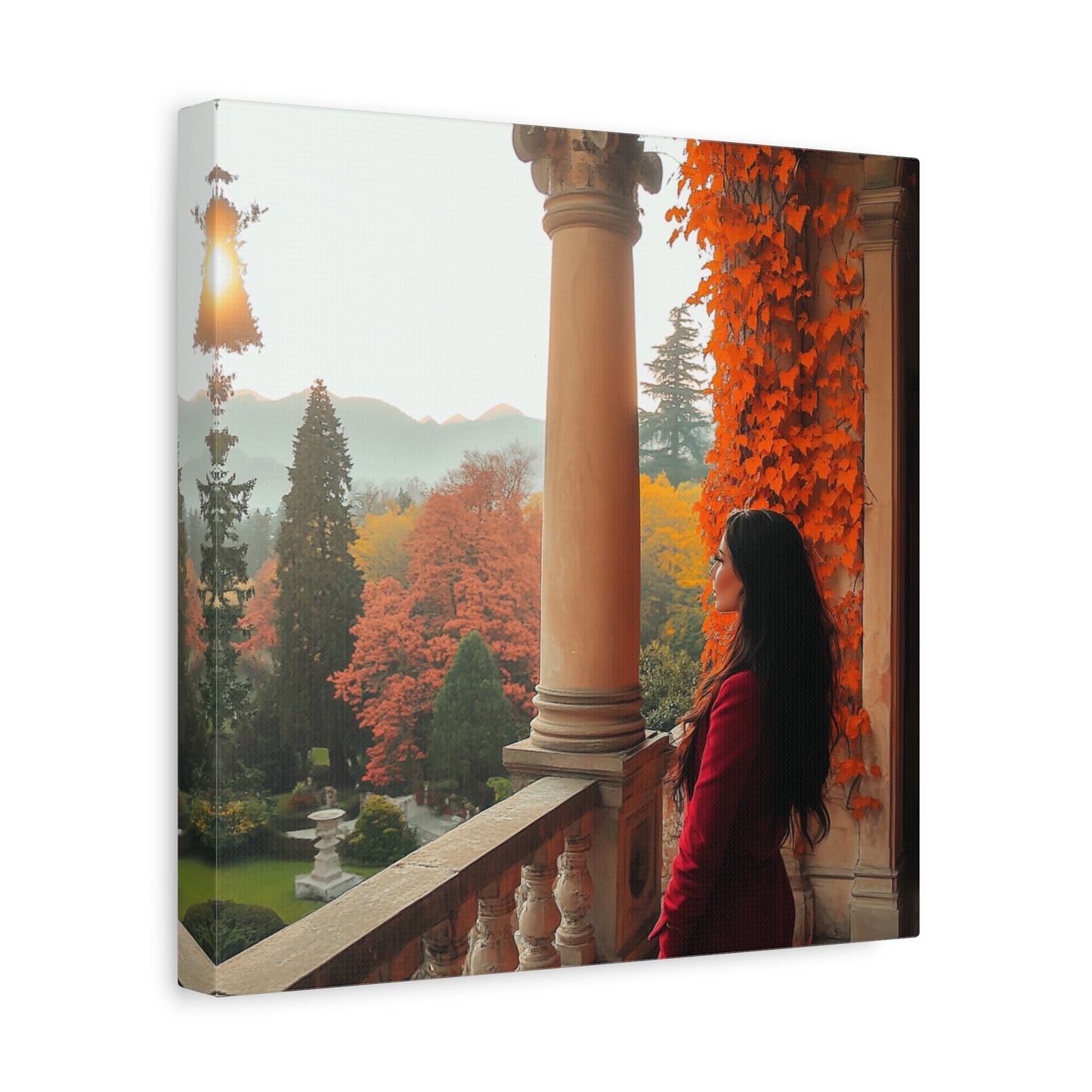 Italy-Inspired Matte Canvas: Lady in Red Overlooking Autumn Bliss