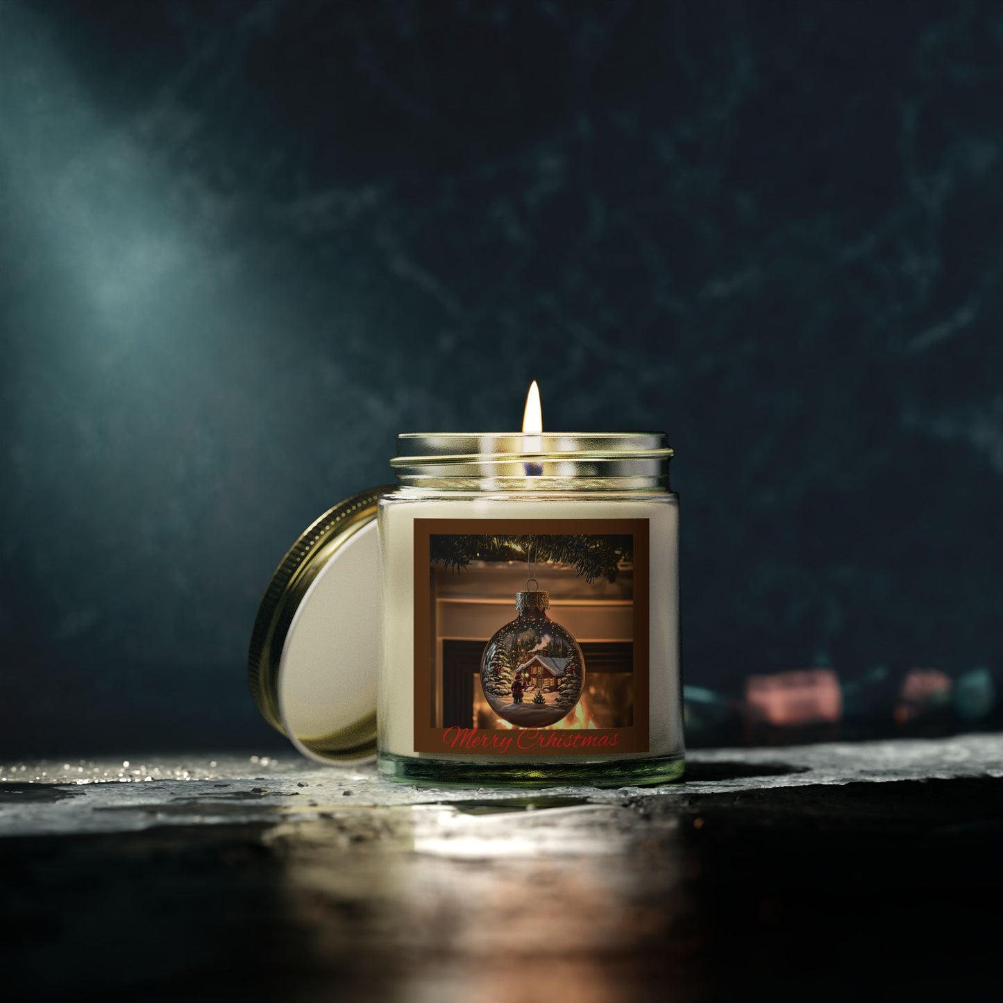 Holiday Candle with Cozy Fireplace Scene | Coconut Apricot Wax, Winter Snowy Cabin Reflection | Christmas Gift