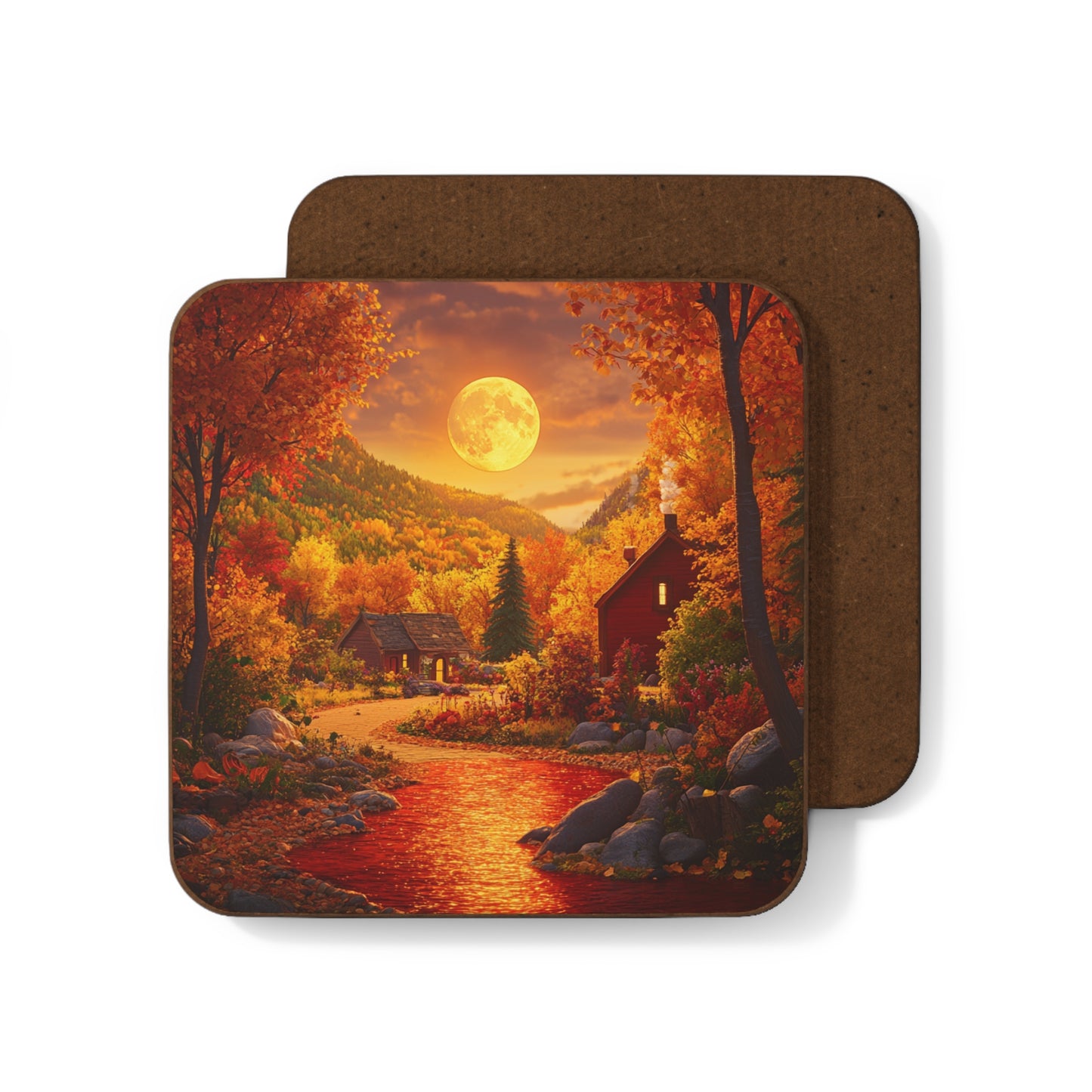 Autumn Moonlit Retreat Coaster : Tranquility in Every Sip