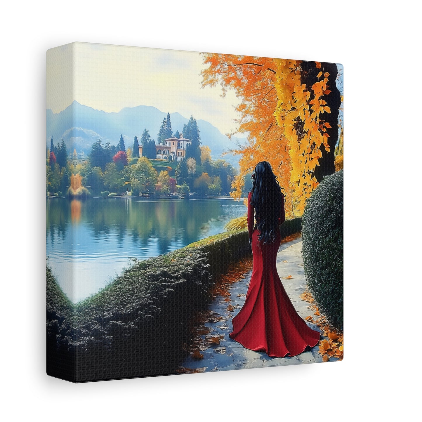 Elegant Matte Canvas: Lady in Red by the Lakeside