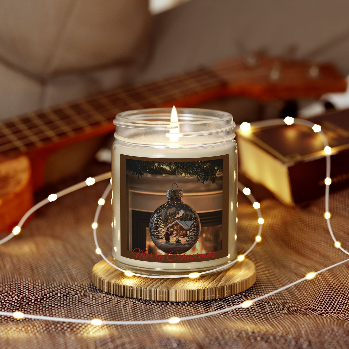 Holiday Candle with Cozy Fireplace Scene | Coconut Apricot Wax, Winter Snowy Cabin Reflection | Christmas Gift