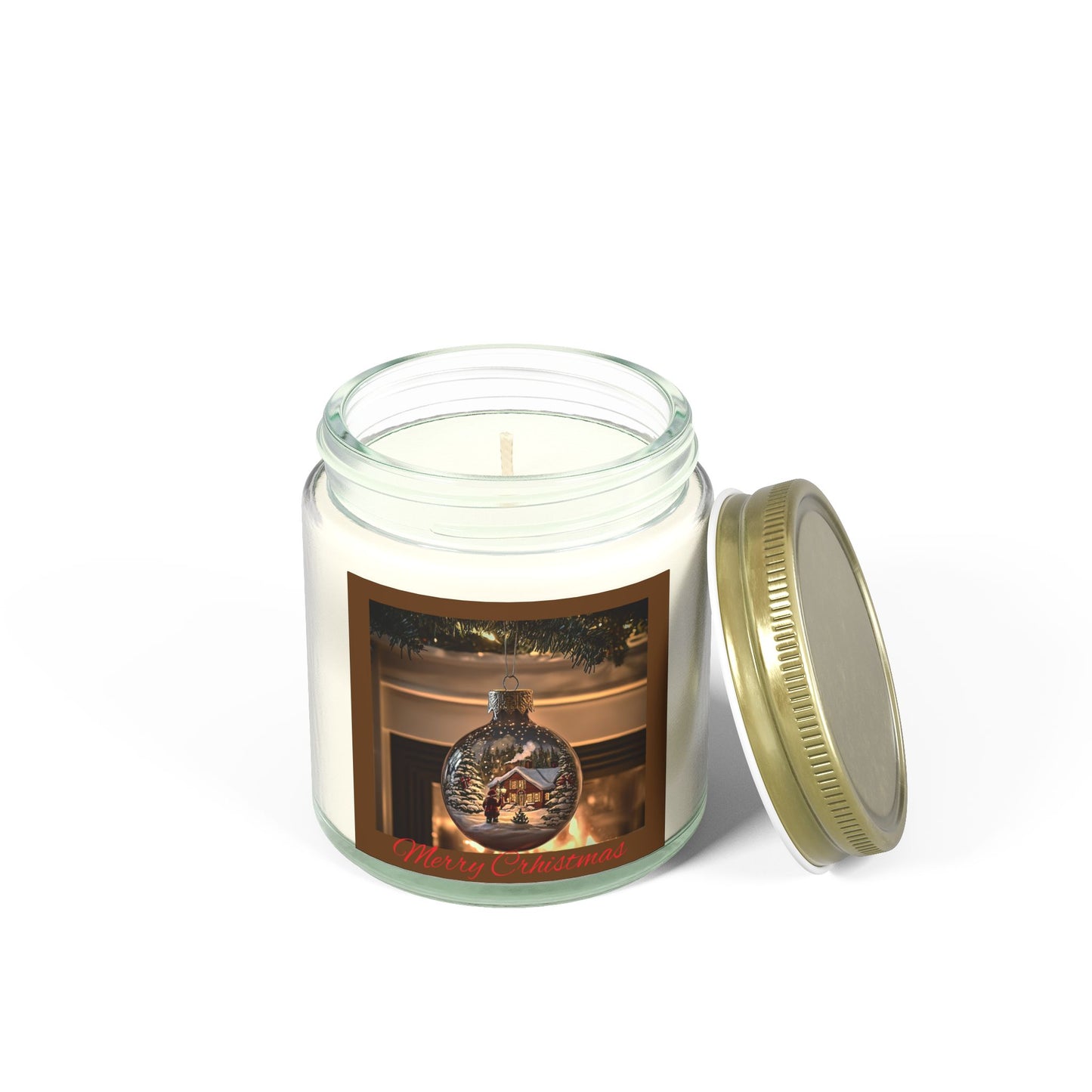 Holiday Candle with Cozy Fireplace Scene | Coconut Apricot Wax, Winter Snowy Cabin Reflection | Christmas Gift