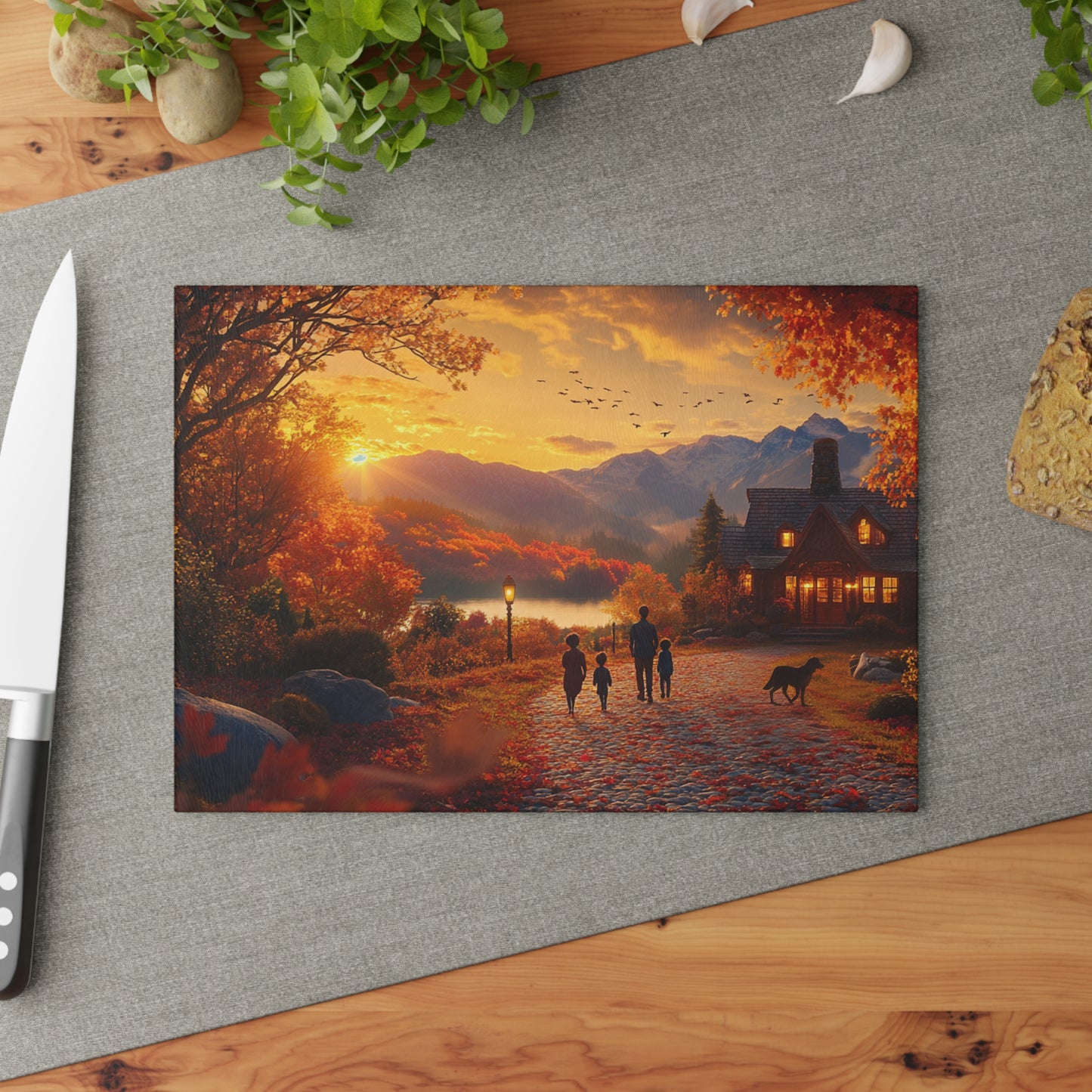 Autumn Evening Stroll: Glass Cutting Board